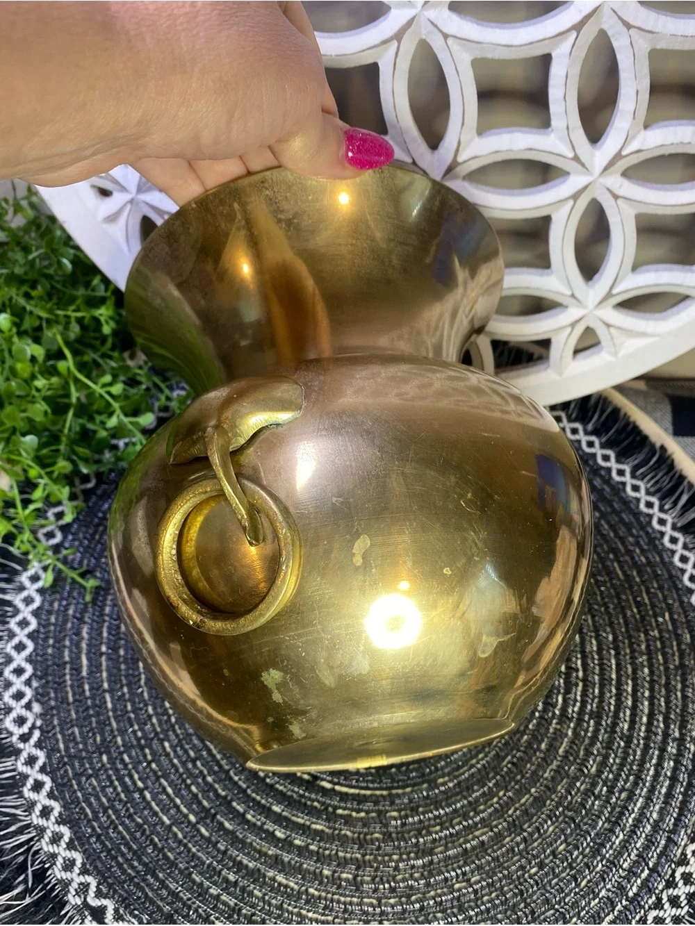 Vintage Brass  Spittoon With Decorative Ring Handles